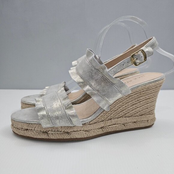 Jack Rogers Rosie Ruffle Sandal Womens 11 Metallic Platinum Wedge Espadrille - Picture 13 of 13